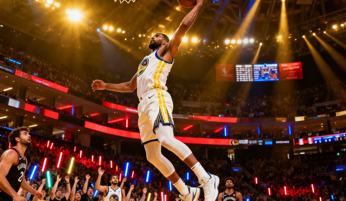 NBA季后赛中球员突破防守完成一记势大力沉的扣篮，现场观众起立欢呼，场馆灯光璀璨
