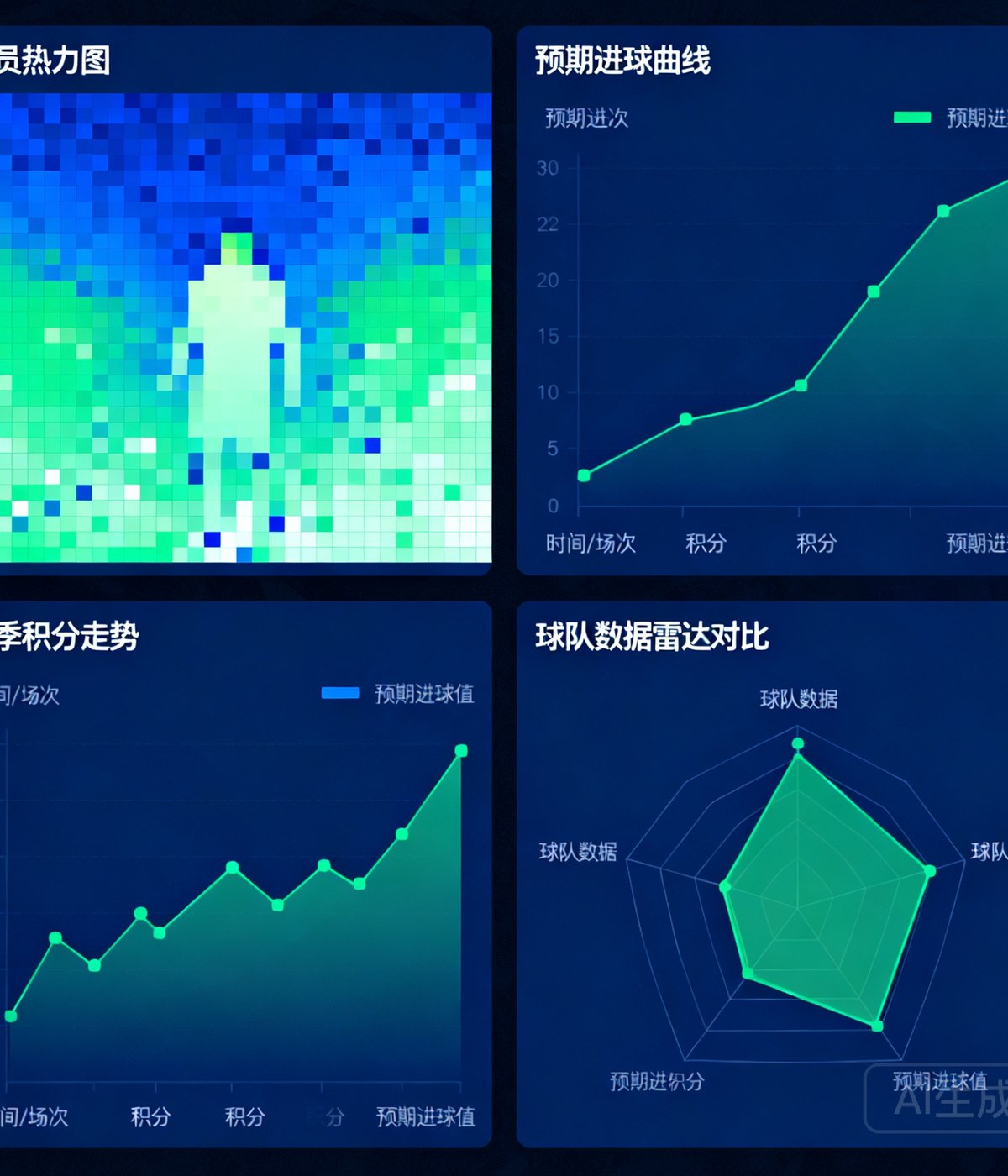深度数据统计仪表盘界面，展示球员热力图、预期进球曲线、赛季积分走势图和球队数据雷达对比图